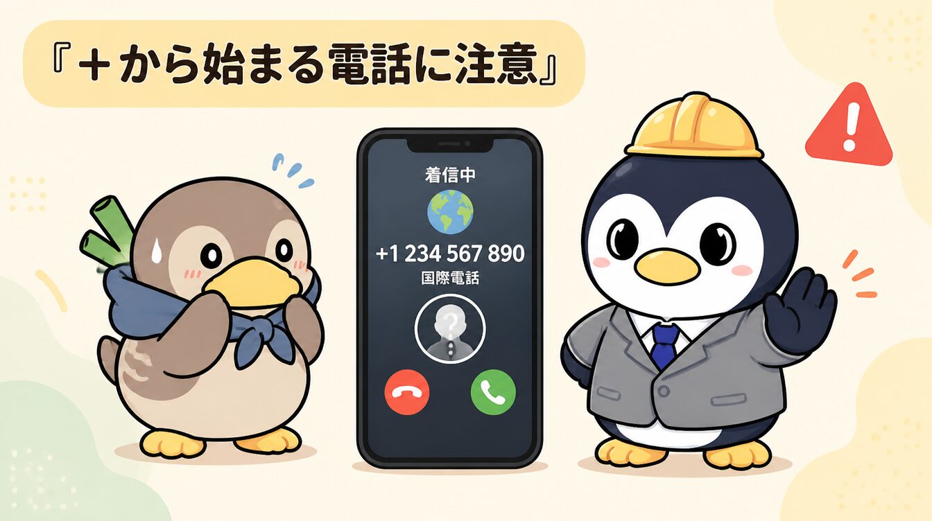 かも次郎が「＋」から始まる国際電話の着信に迷い、探偵役のアンペンが「出ない・折り返さない」と止めるマスコットイラスト