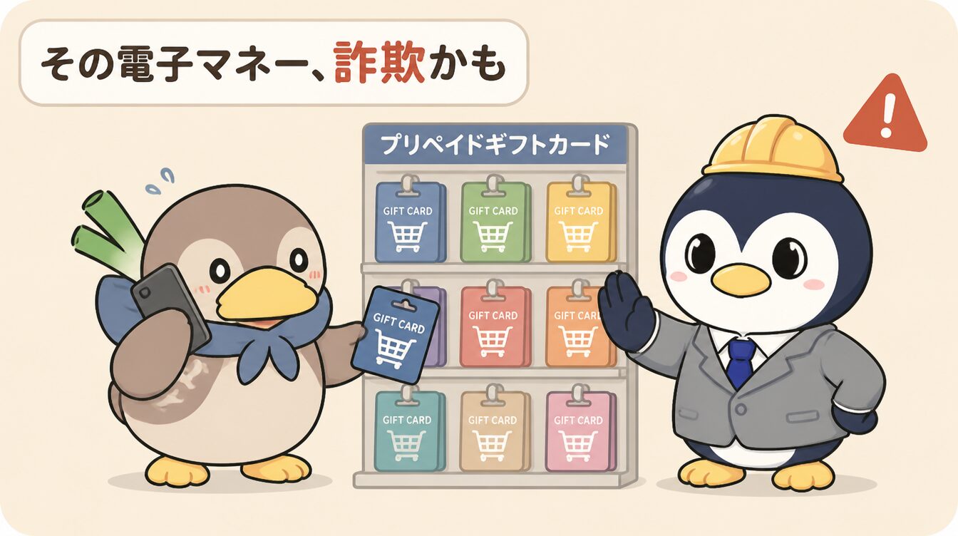 かも次郎が電話しながらコンビニのプリペイドギフトカードを買おうとし、探偵役のアンペンが「買わないで」と制止するマスコットイラスト