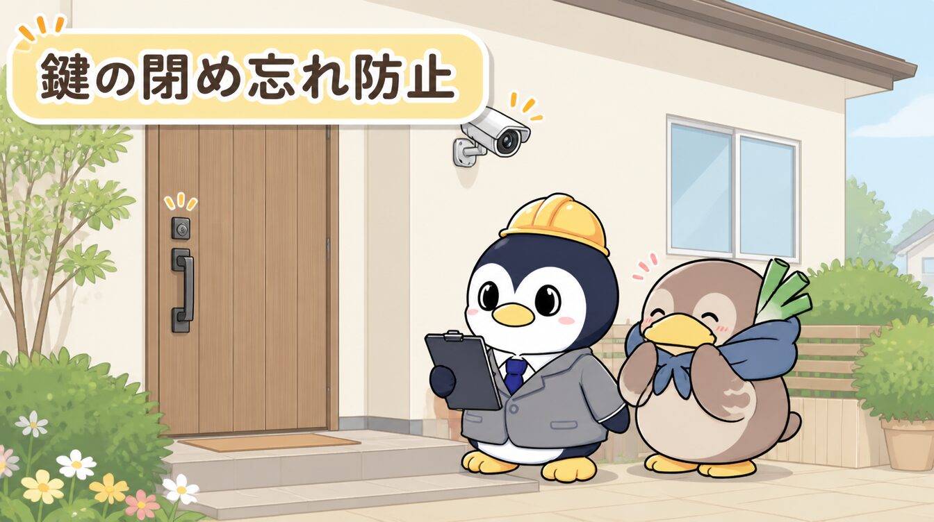 かも次郎とアンペンが「鍵の閉め忘れ防止」を解説するマスコットイラスト