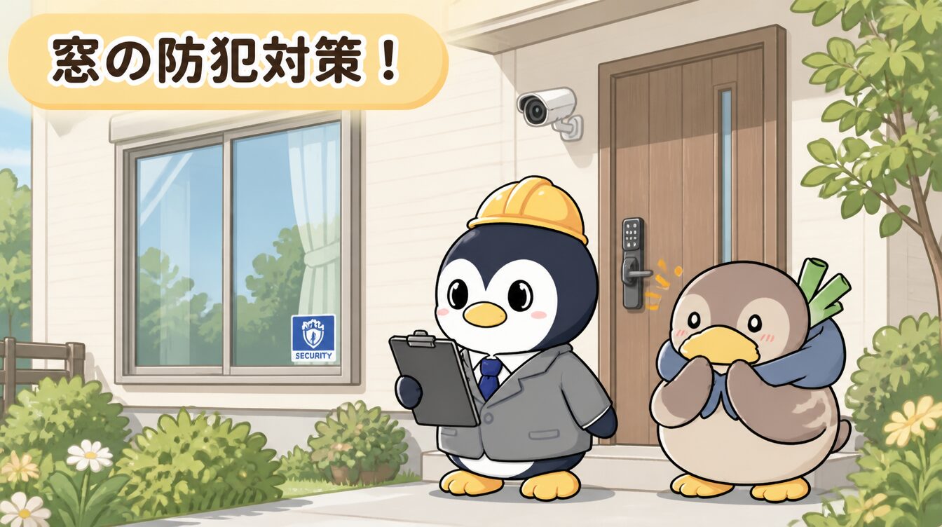 かも次郎とアンペンが「窓の防犯対策！」を解説するマスコットイラスト