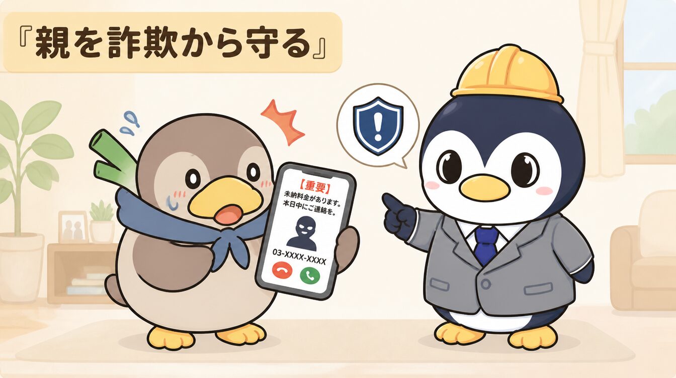 かも次郎とアンペンが「親を詐欺から守る」を解説するマスコットイラスト