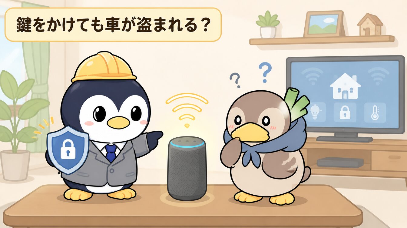 かも次郎とアンペンが「鍵をかけても車が盗まれる？」を解説するマスコットイラスト