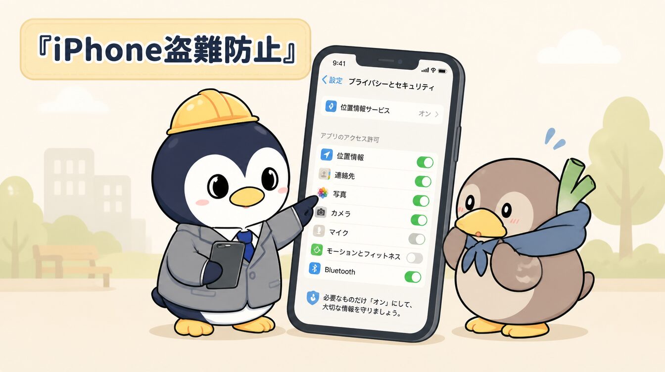 かも次郎とアンペンが「iPhone盗難防止」を解説するマスコットイラスト