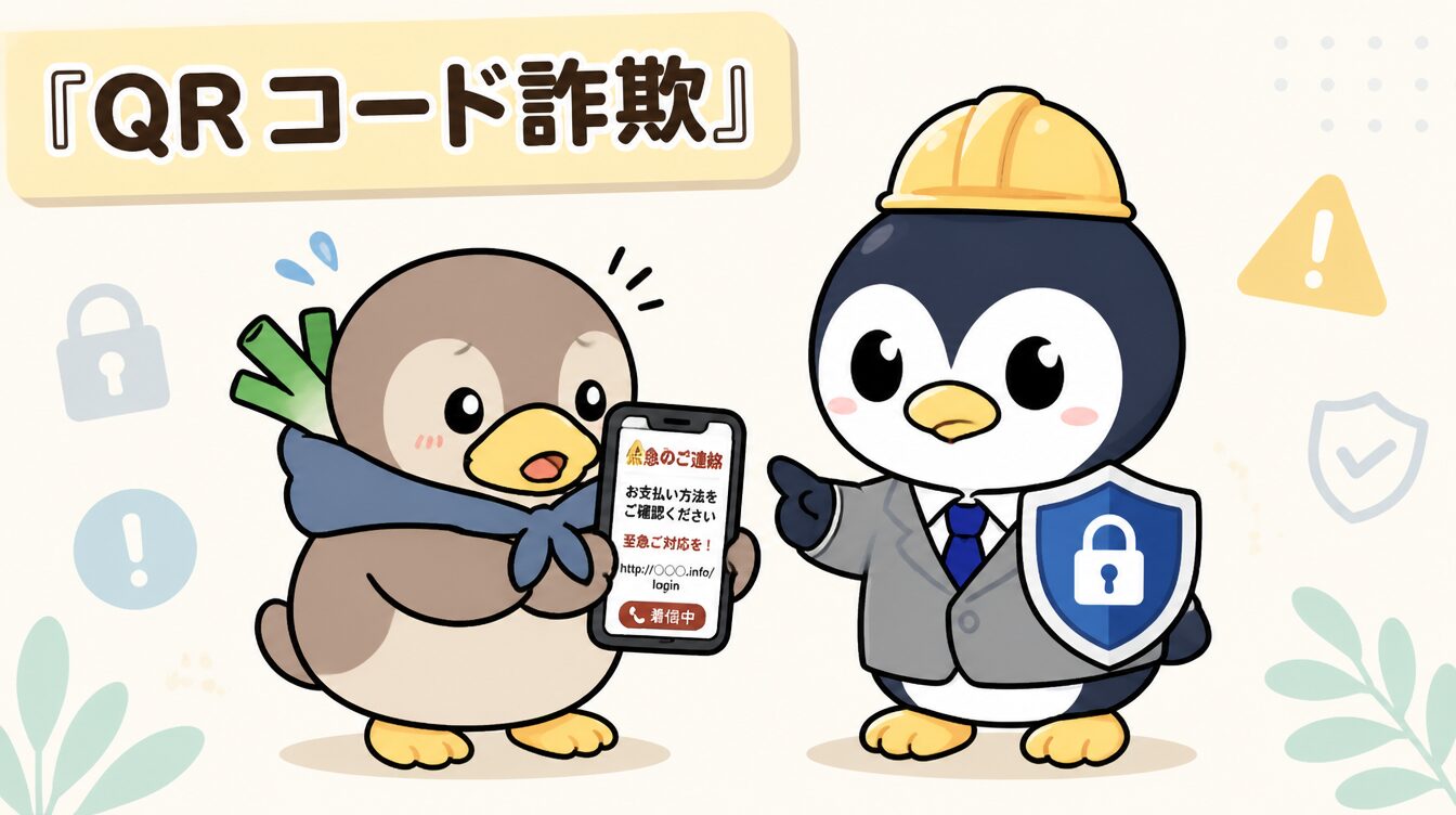 かも次郎とアンペンが「QRコード詐欺」を解説するマスコットイラスト