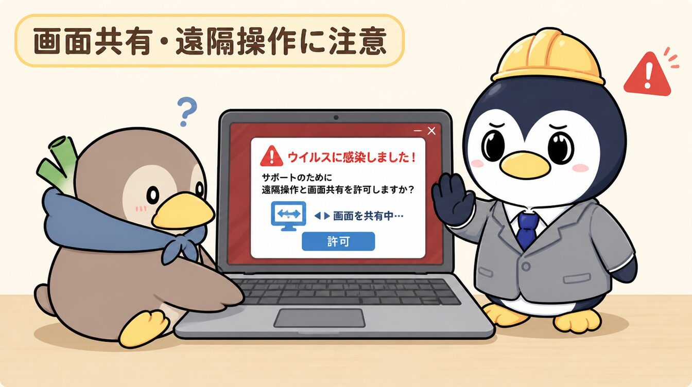 パソコン画面に偽のウイルス警告と遠隔操作・画面共有の許可ポップアップが出て、かも次郎が不安げに座り、探偵役のアンペンが制止するマスコットイラスト