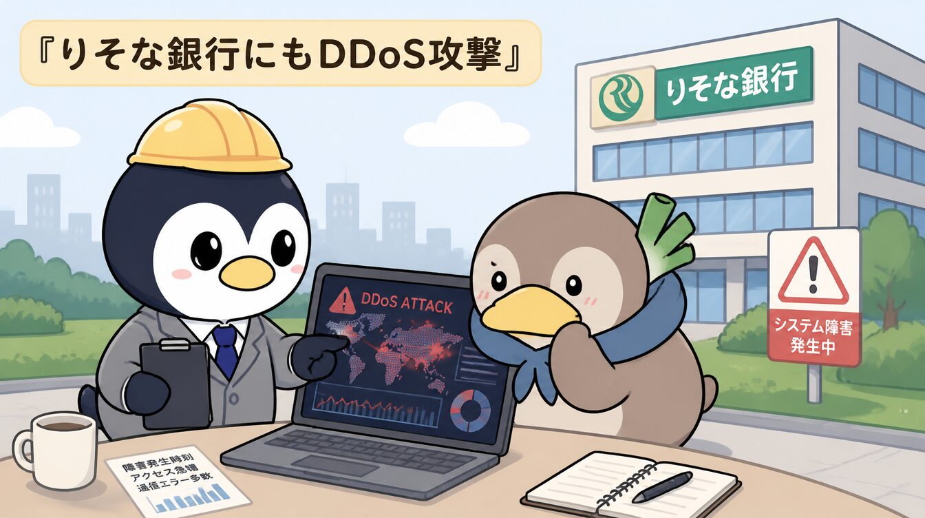 かも次郎とアンペンが「りそな銀行にもDDoS攻撃」を解説するマスコットイラスト