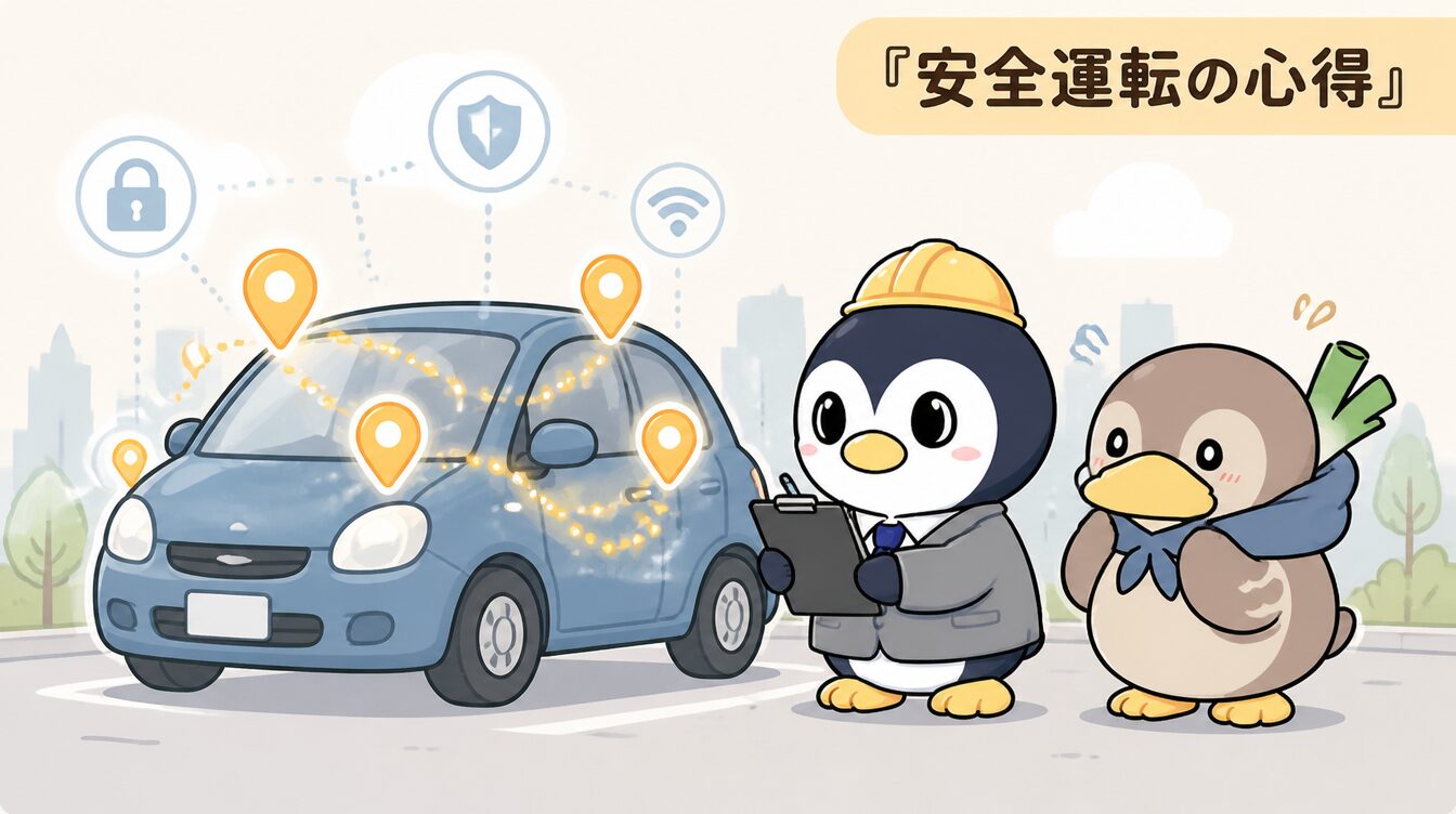 かも次郎とアンペンが「安全運転の心得」を解説するマスコットイラスト