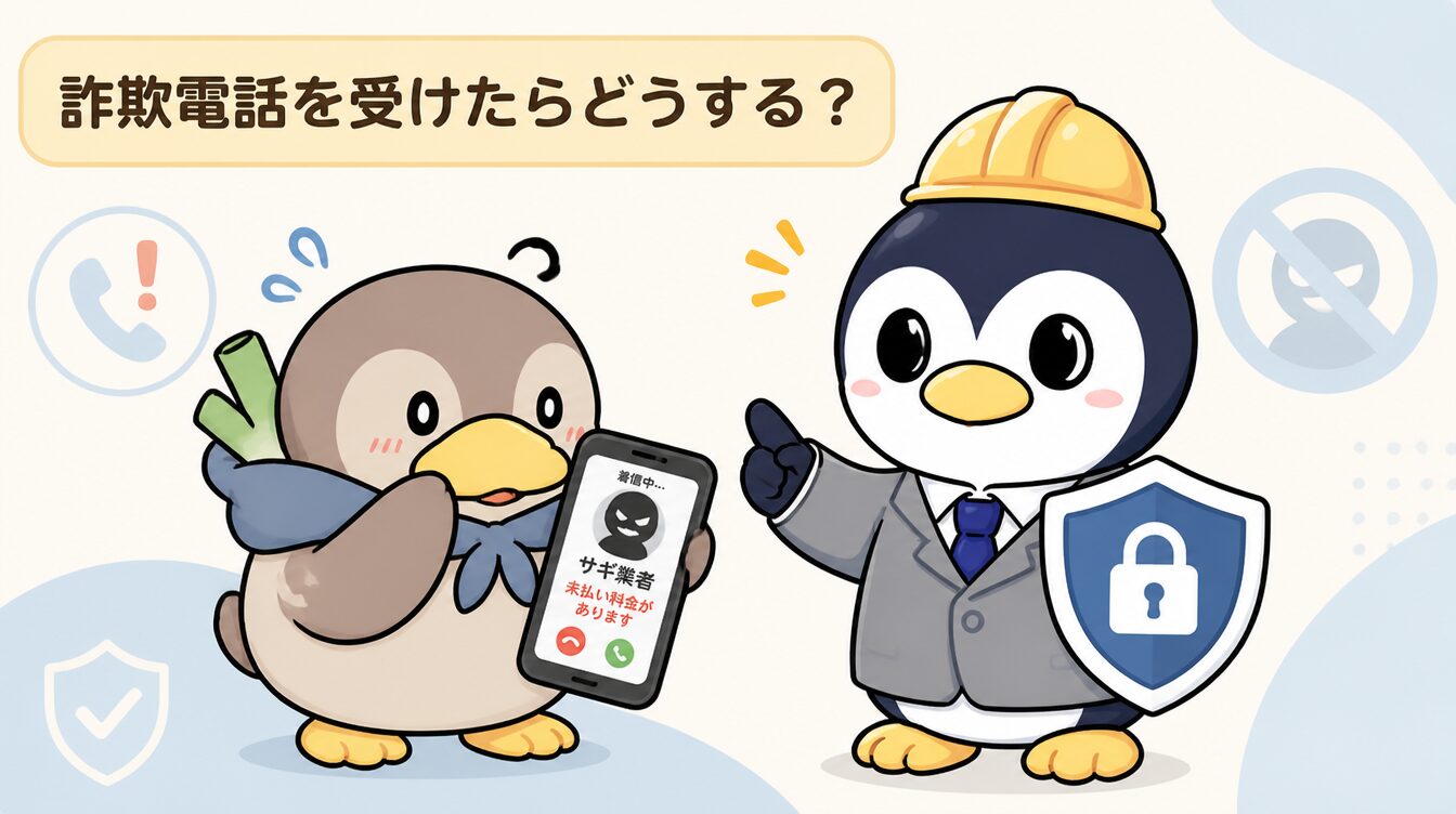 かも次郎とアンペンが「詐欺電話を受けたらどうする？」を解説するマスコットイラスト