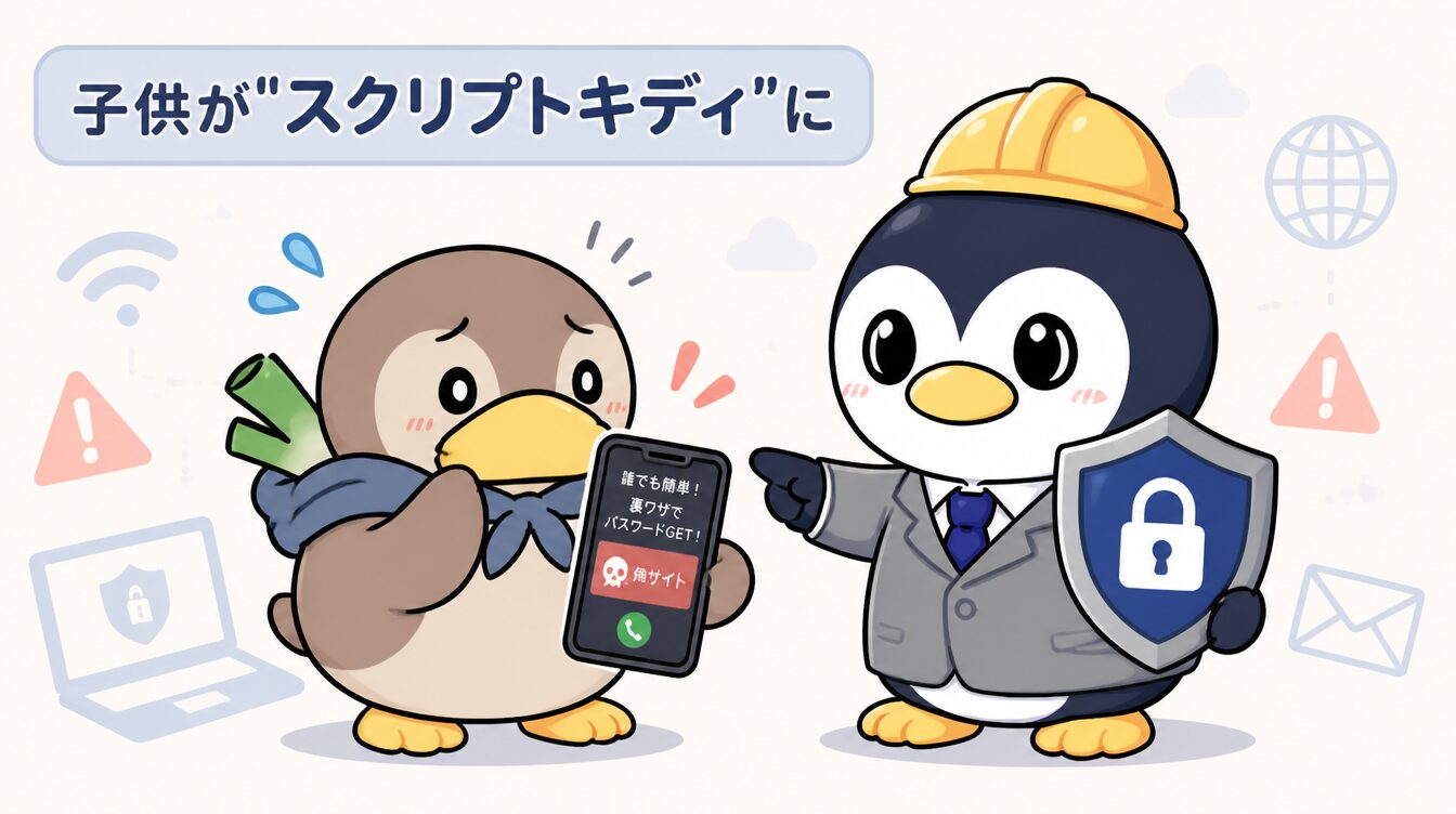 かも次郎とアンペンが「子供が"スクリプトキディ"に」を解説するマスコットイラスト