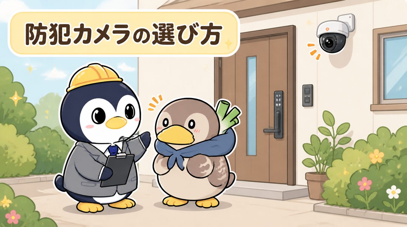 かも次郎とアンペンが「防犯カメラの選び方」を解説するマスコットイラスト