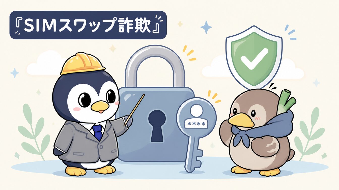 かも次郎とアンペンが「SIMスワップ詐欺」を解説するマスコットイラスト