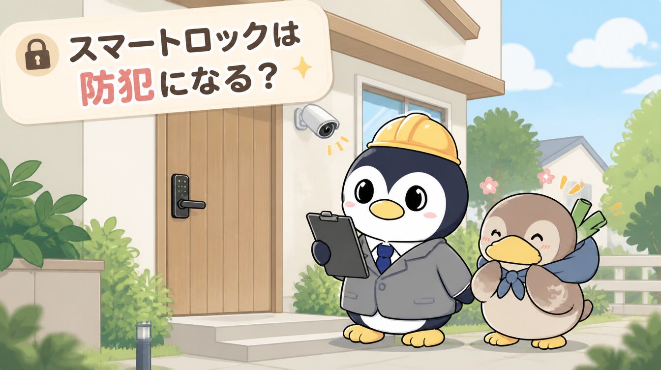 かも次郎とアンペンが「スマートロックは防犯になる？」を解説するマスコットイラスト