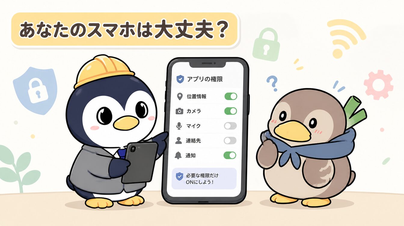 かも次郎とアンペンが「あなたのスマホは大丈夫？」を解説するマスコットイラスト