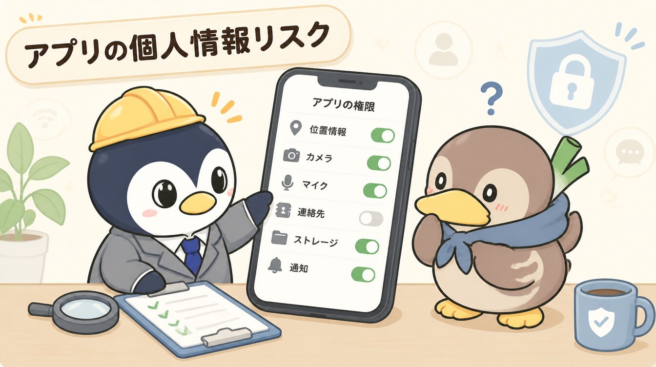 かも次郎とアンペンが「アプリの個人情報リスク」を解説するマスコットイラスト