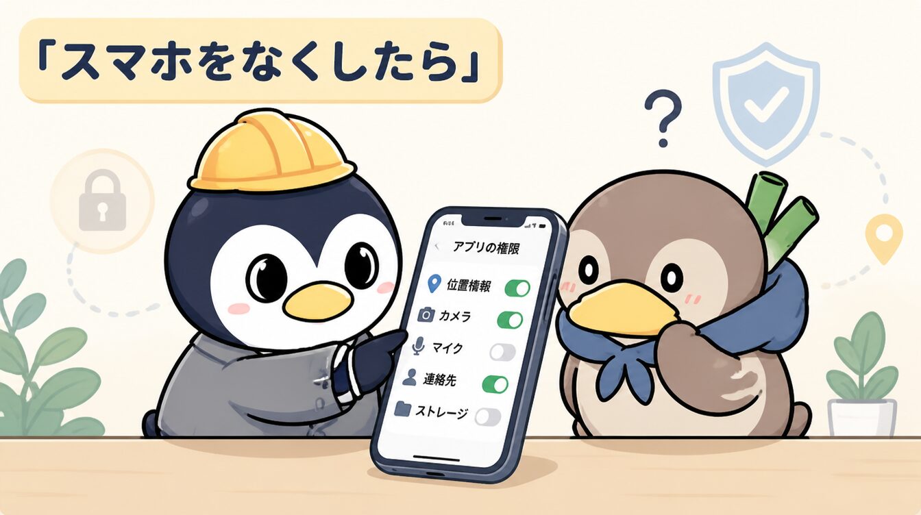 かも次郎とアンペンが「スマホをなくしたら」を解説するマスコットイラスト