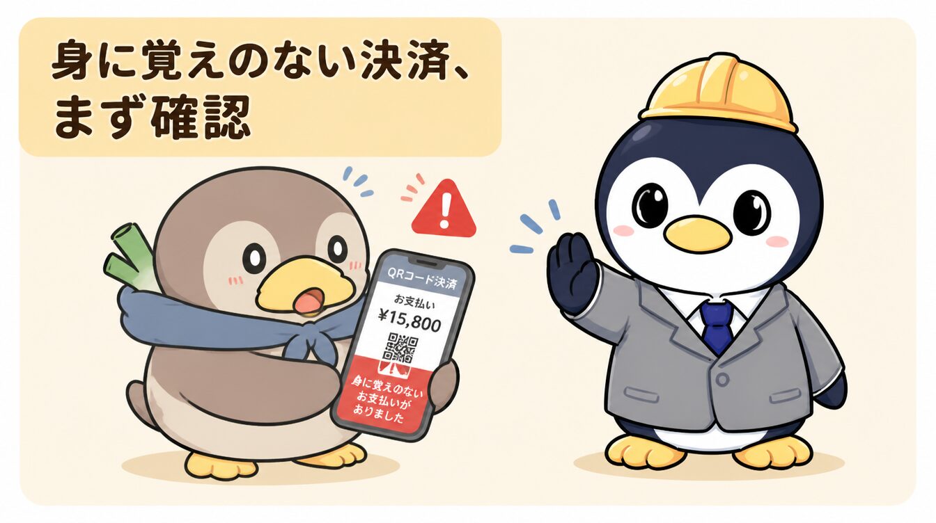 かも次郎がスマホ決済アプリの身に覚えのない支払い通知を見て驚き、探偵役のアンペンが制止するマスコットイラスト