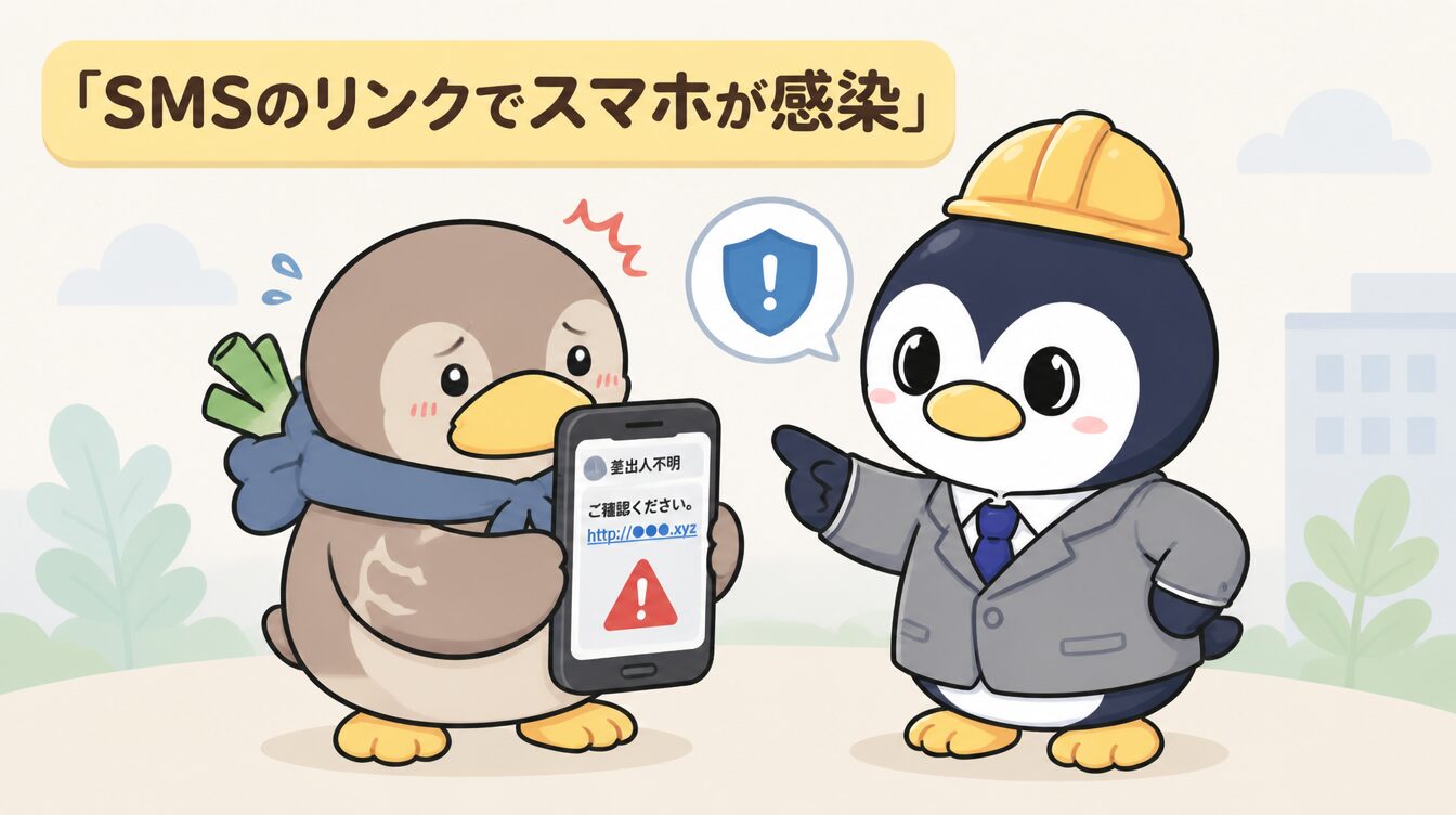 かも次郎とアンペンが「SMSのリンクでスマホが感染」を解説するマスコットイラスト