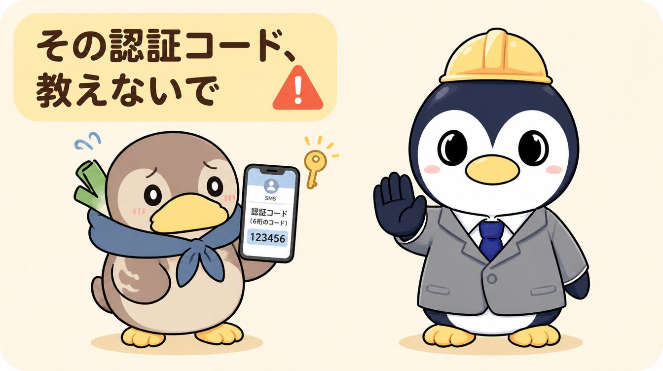 かも次郎がSMSの認証コードが表示されたスマホを持ち、探偵役のアンペンが「その認証コード、教えないで」と制止するマスコットイラスト
