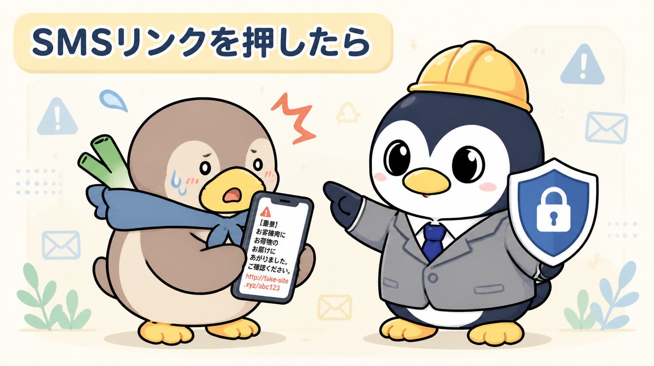 かも次郎とアンペンが「SMSリンクを押したら」を解説するマスコットイラスト