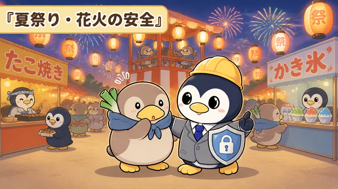 かも次郎とアンペンが夏祭り・花火大会の安全を解説するマスコットイラスト