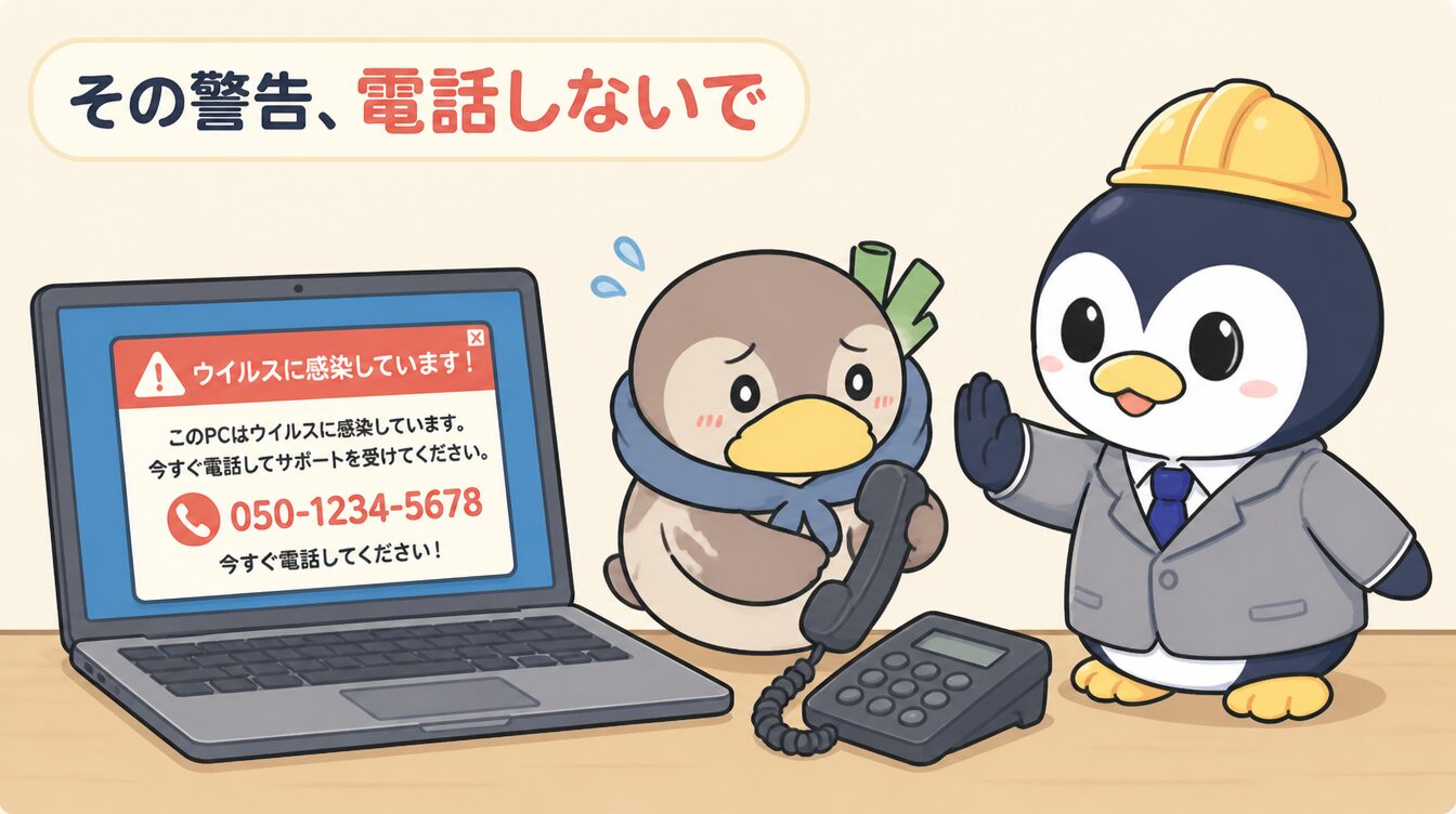 パソコンに偽のウイルス警告と電話番号が表示され、かも次郎が電話しようと焦り、探偵役のアンペンが「電話しないで」と止めるマスコットイラスト