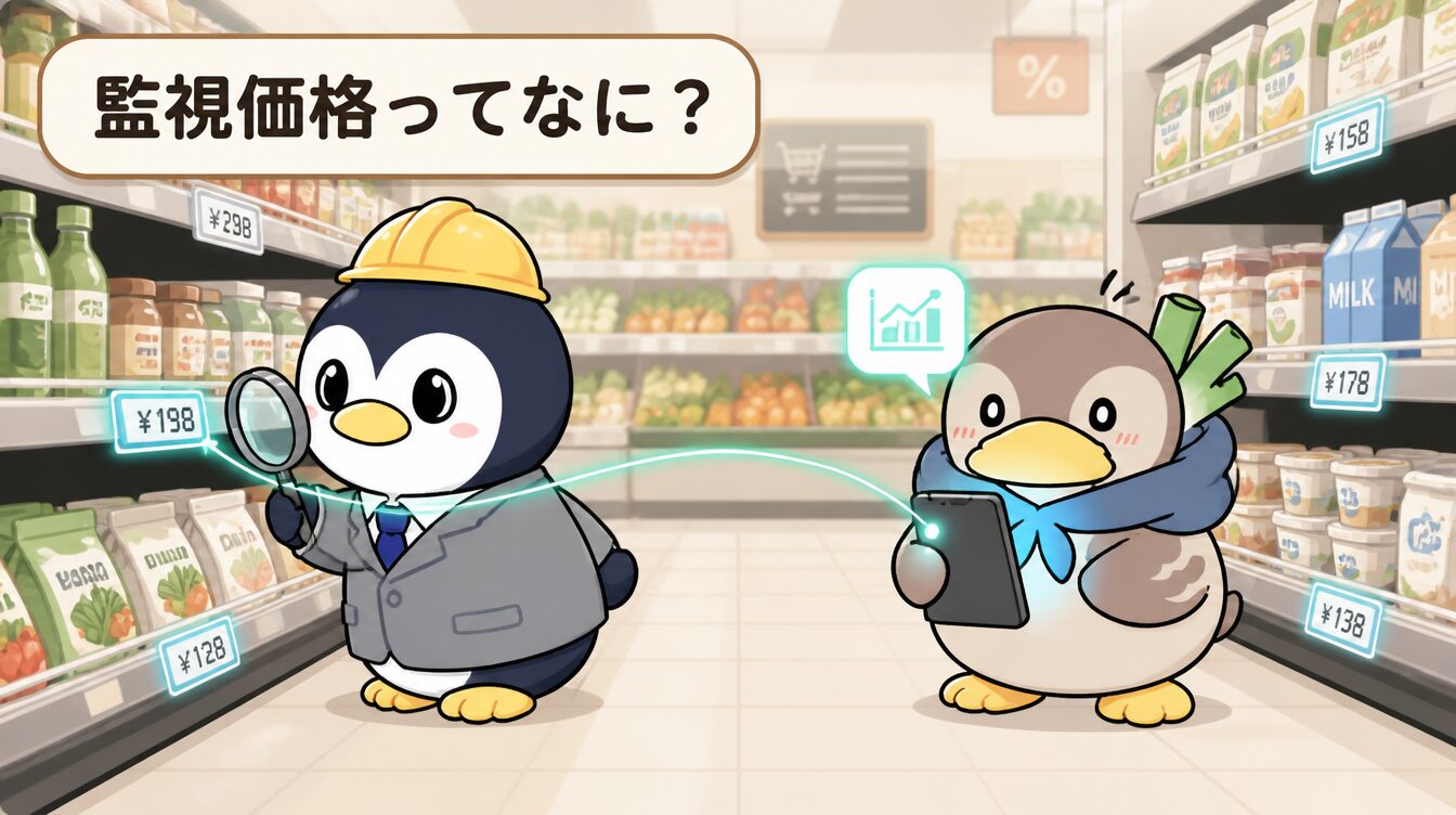 かも次郎とアンペンが「監視価格ってなに？」を解説するマスコットイラスト
