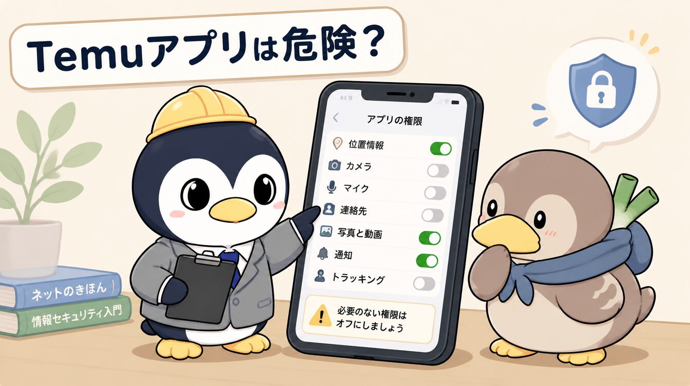 かも次郎とアンペンが「Temuアプリは危険？」を解説するマスコットイラスト