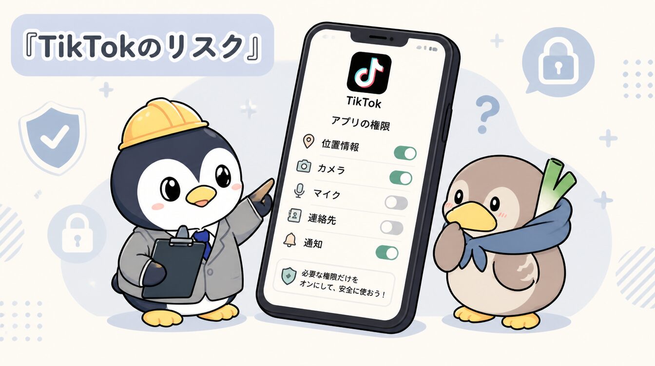 かも次郎とアンペンが「TikTokのリスク」を解説するマスコットイラスト