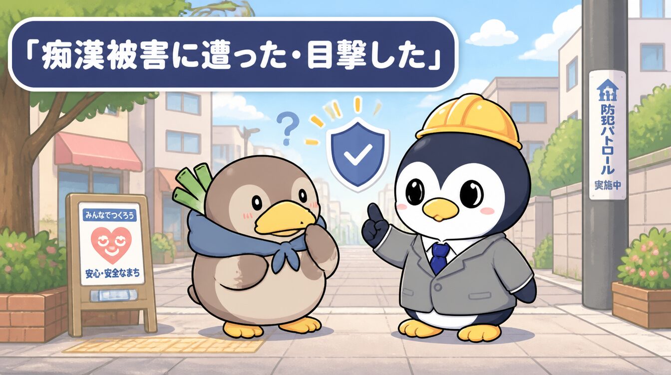 かも次郎とアンペンが「痴漢被害に遭った・目撃した」を解説するマスコットイラスト