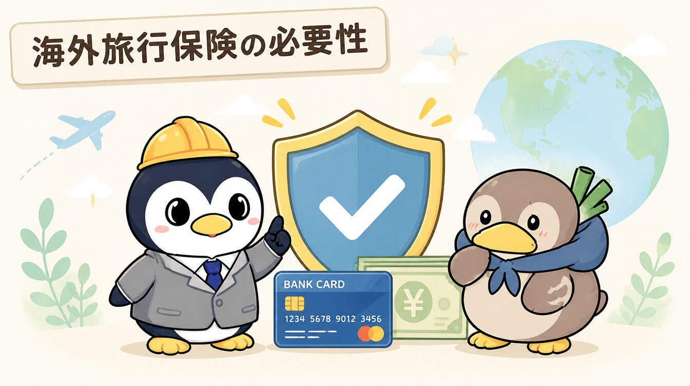 かも次郎とアンペンが「海外旅行保険の必要性」を解説するマスコットイラスト