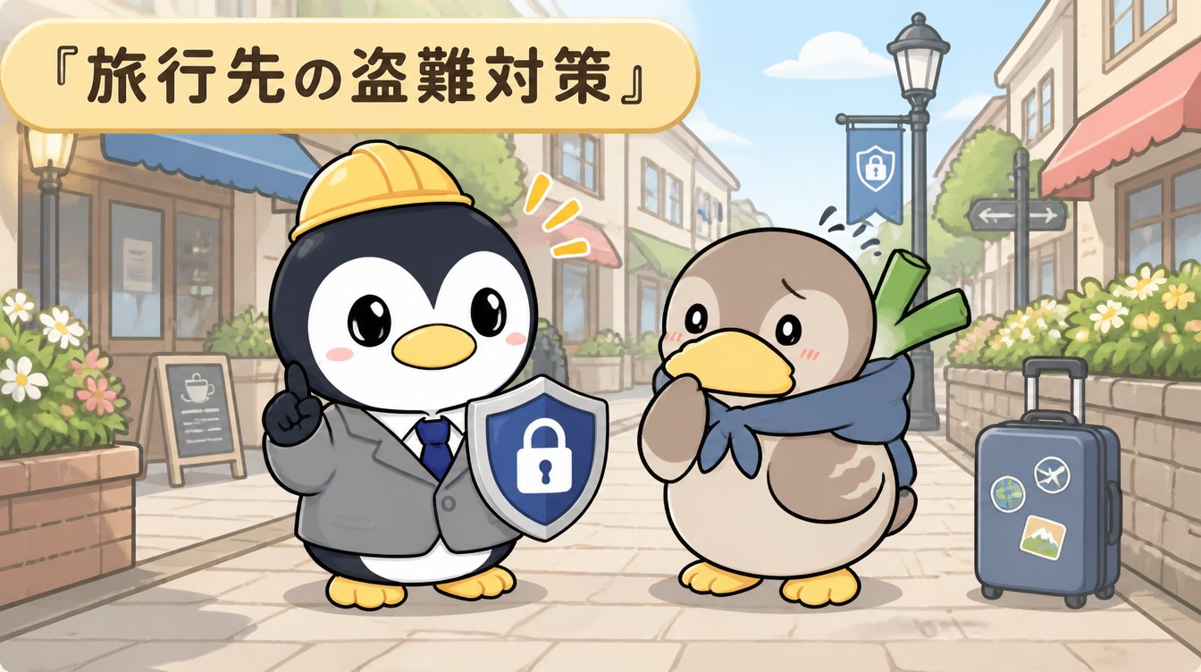 かも次郎とアンペンが「旅行先の盗難対策」を解説するマスコットイラスト