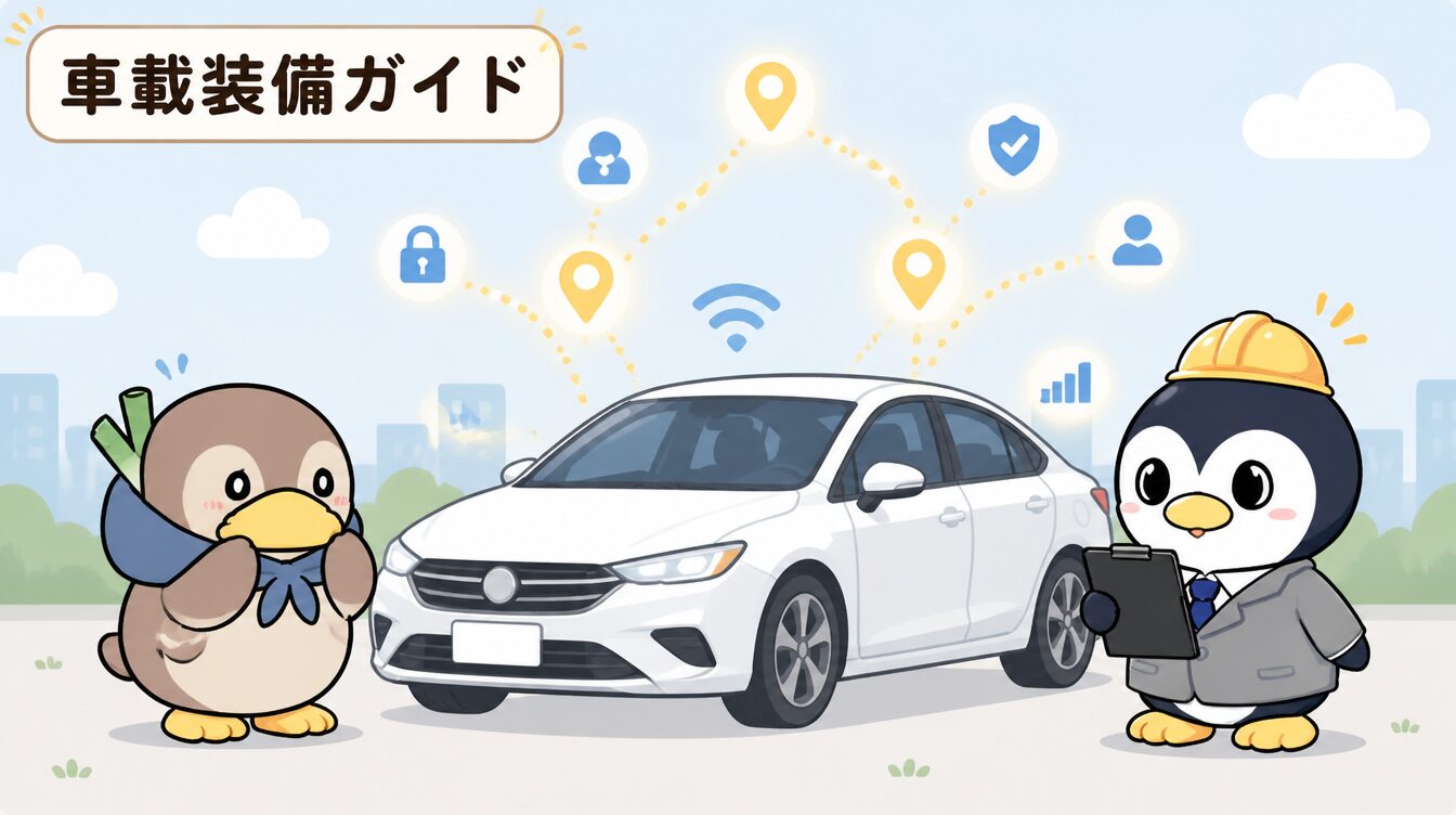 かも次郎とアンペンが「車載装備ガイド」を解説するマスコットイラスト