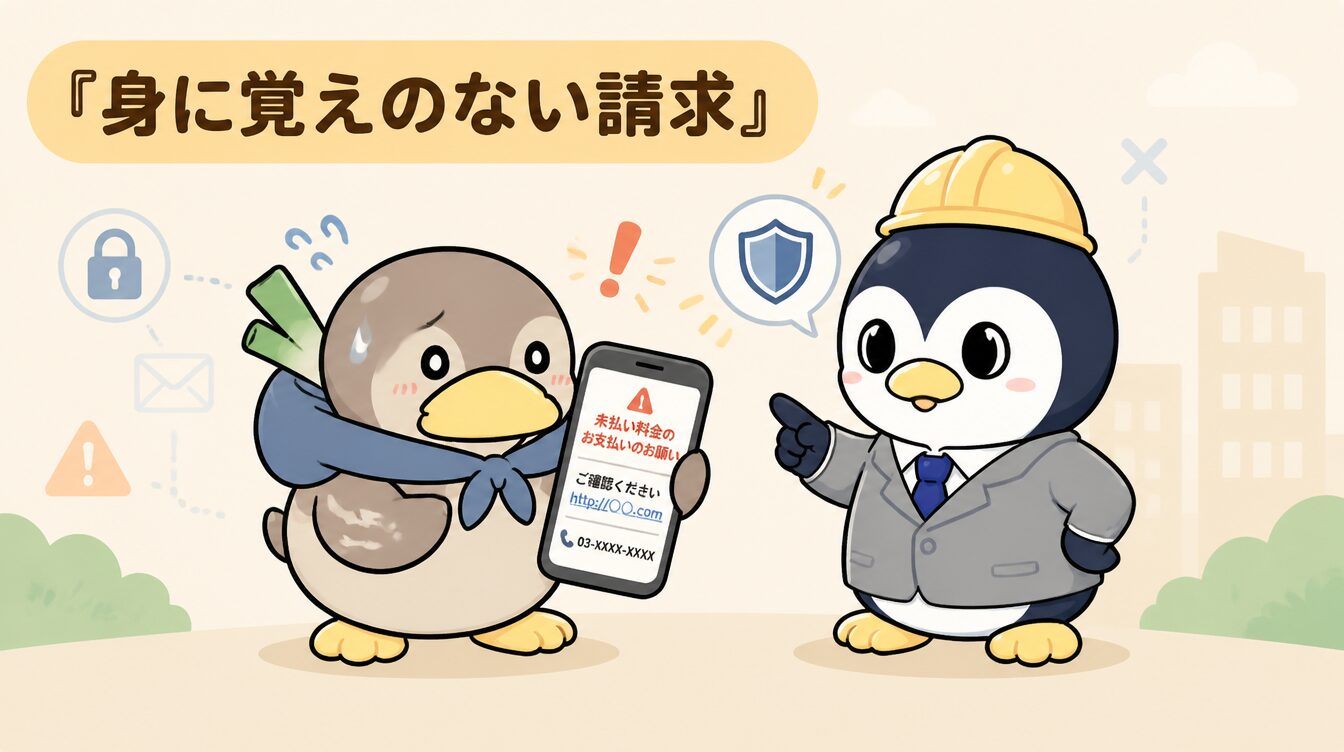 かも次郎とアンペンが「身に覚えのない請求」を解説するマスコットイラスト