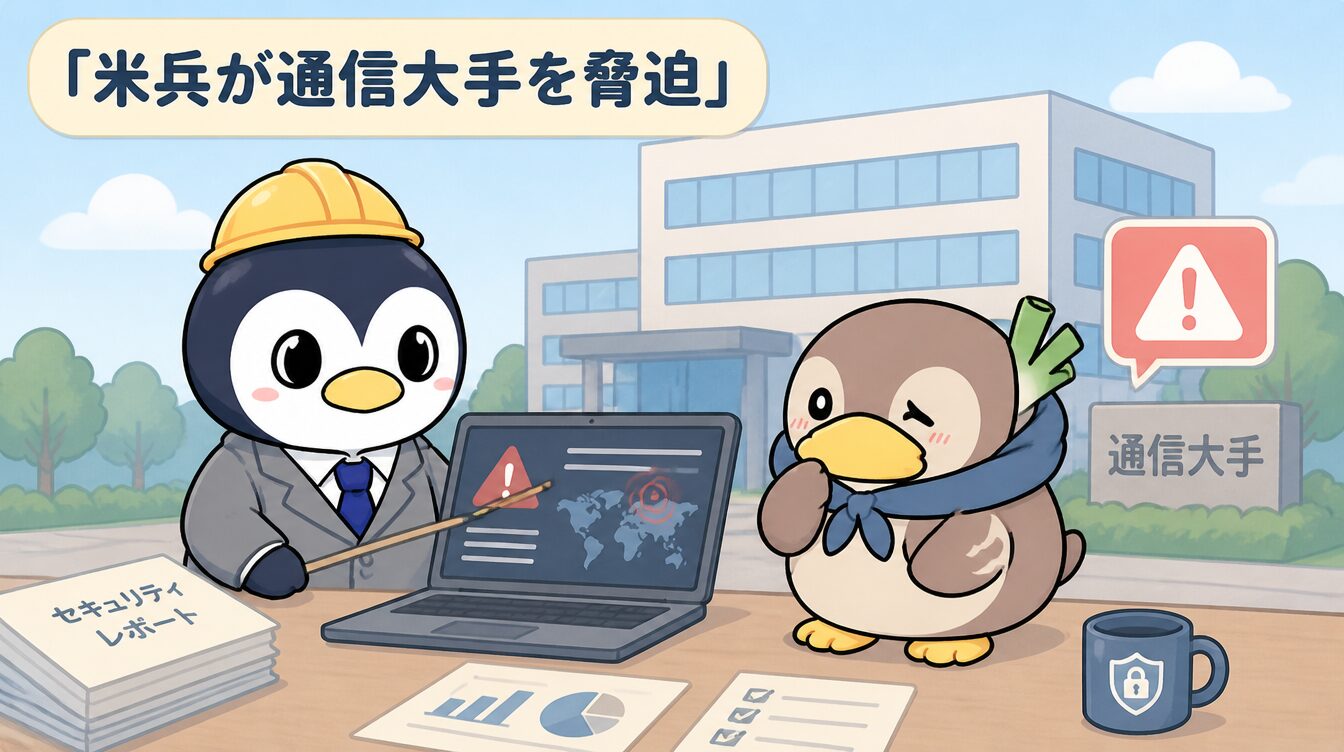 かも次郎とアンペンが「米兵が通信大手を脅迫」を解説するマスコットイラスト