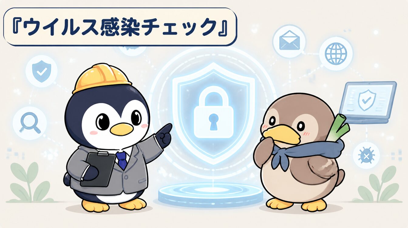 かも次郎とアンペンが「ウイルス感染チェック」を解説するマスコットイラスト