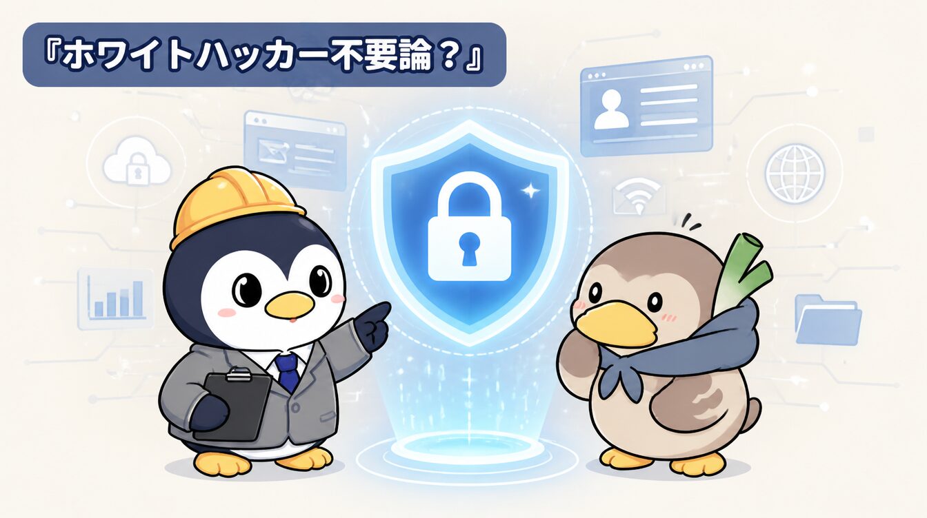 かも次郎とアンペンが「ホワイトハッカー不要論？」を解説するマスコットイラスト