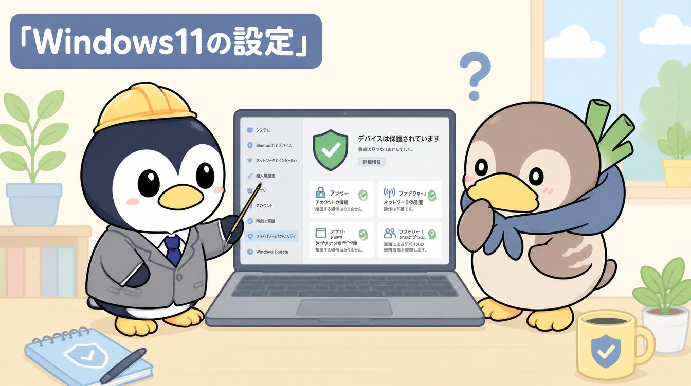 かも次郎とアンペンが「Windows11の設定」を解説するマスコットイラスト