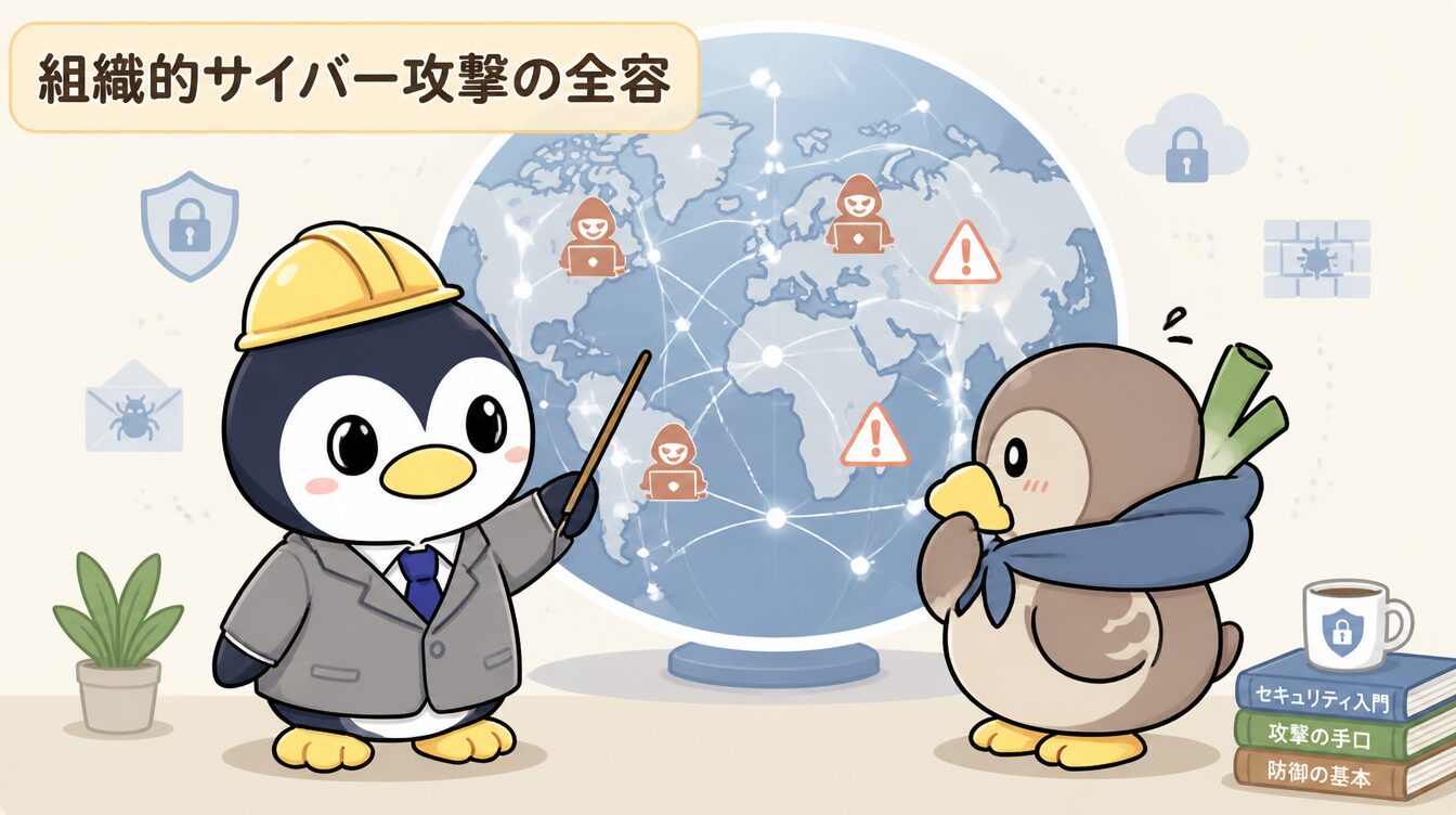 かも次郎とアンペンが「組織的サイバー攻撃の全容」を解説するマスコットイラスト
