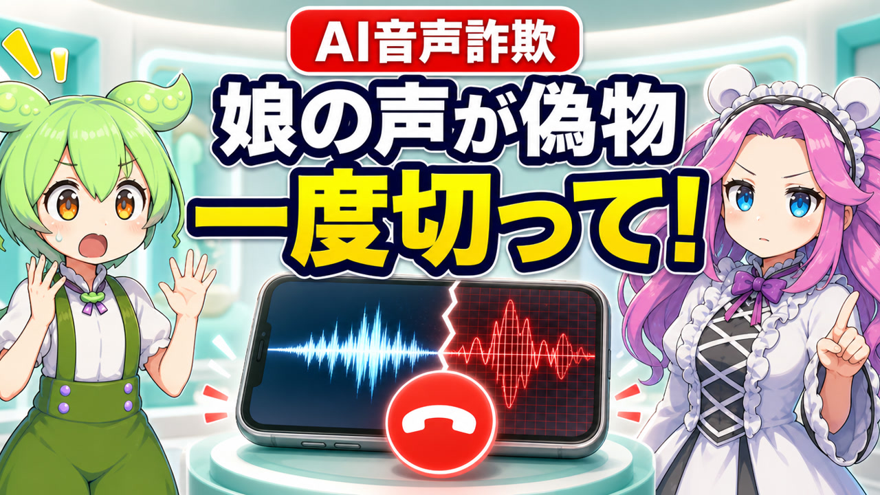 娘の声をまねるAI音声詐欺に対し、一度電話を切って確認する対策を示す記事のアイキャッチ