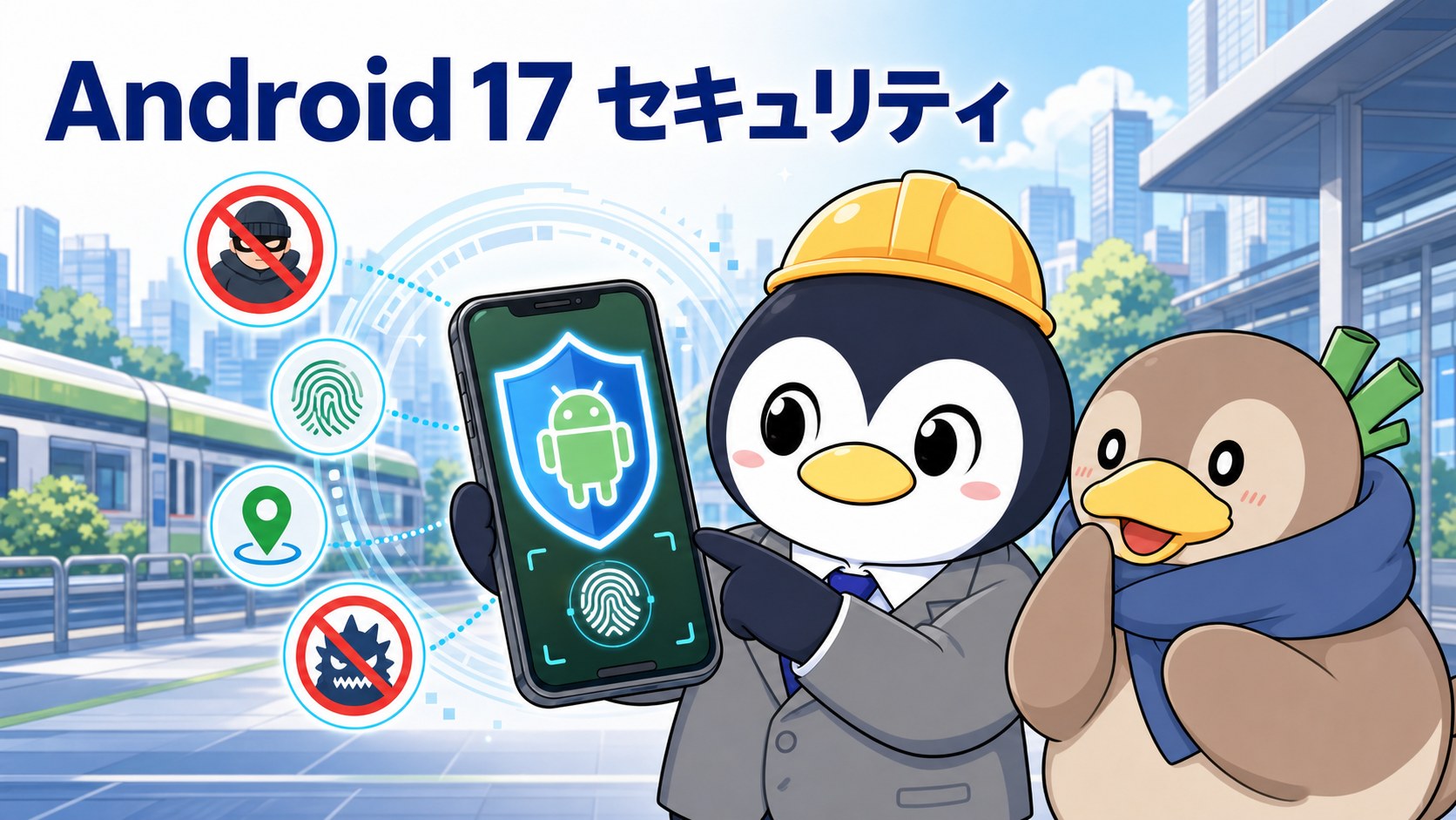 かも次郎とアンペンがAndroid 17の盗難・詐欺・権限保護を解説するイラスト