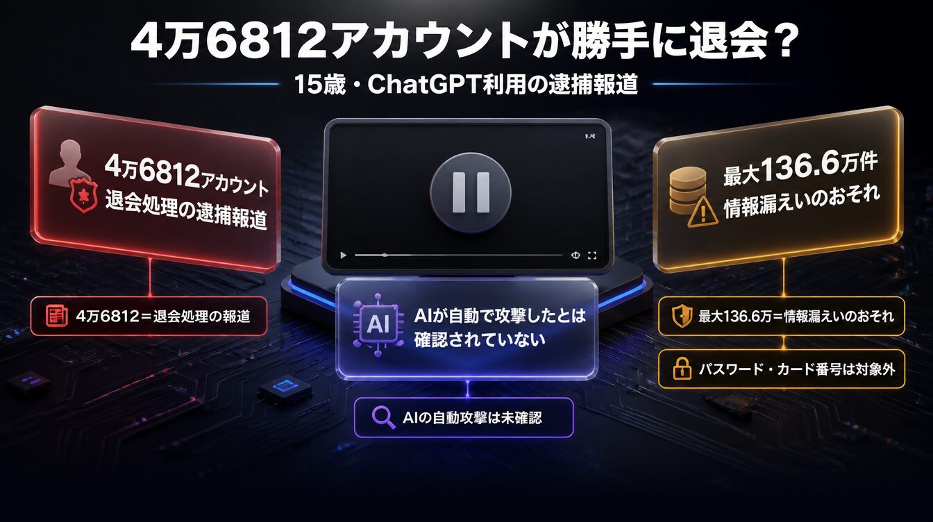 4万6812アカウントの退会処理報道と最大136.6万件の情報漏えいのおそれを比較した図
