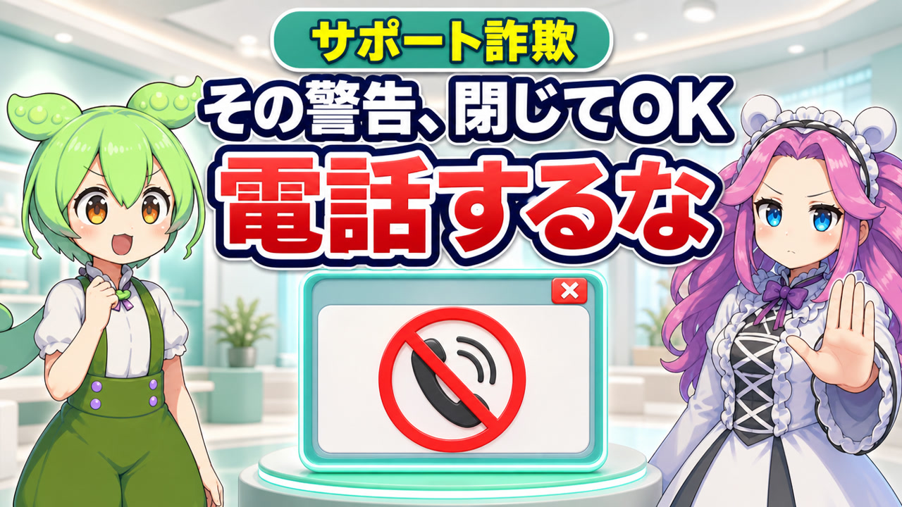 サポート詐欺の警告は閉じてよく、表示された電話番号へ電話しないことを示す記事のアイキャッチ