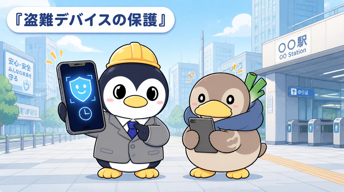 かも次郎とアンペンがiPhoneの「盗難デバイスの保護」を解説するマスコットイラスト