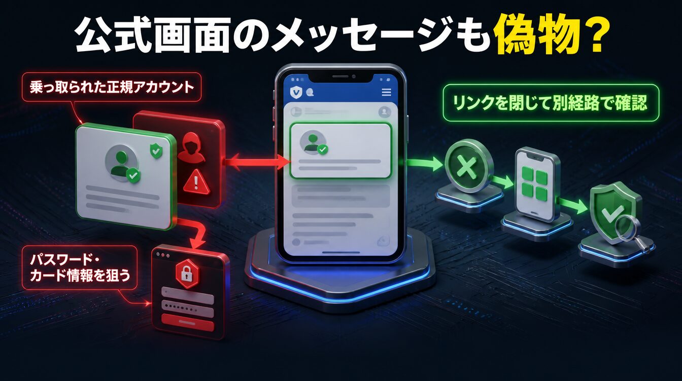正規サイト内のメッセージから偽サイトへ誘導される危険と安全な確認経路の図