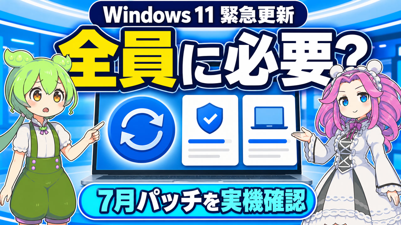 Windows 11の2026年7月緊急更新が全員に必要か実機確認するずんだもんと四国めたん